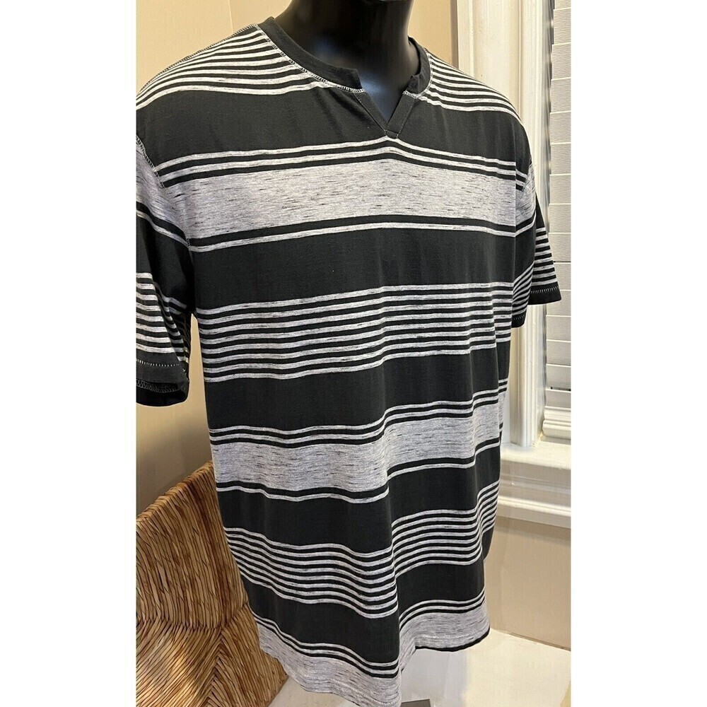 Rowm Striped Short Sleeve V Neck T-shirt Top Cotton Blend Mens Sz L Black/Gray